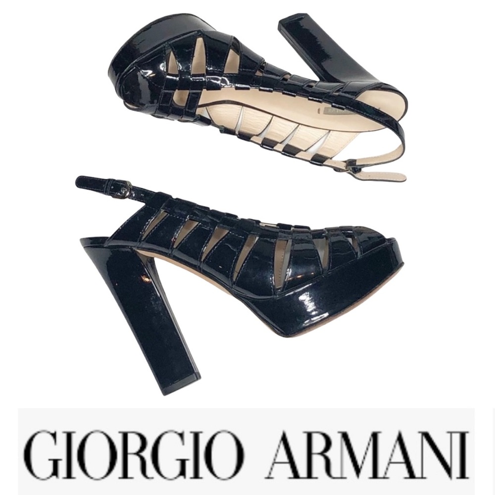 Giorgio Armani Black Patent Slingback Peeptoe Heels 6 - Picture 1 of 10